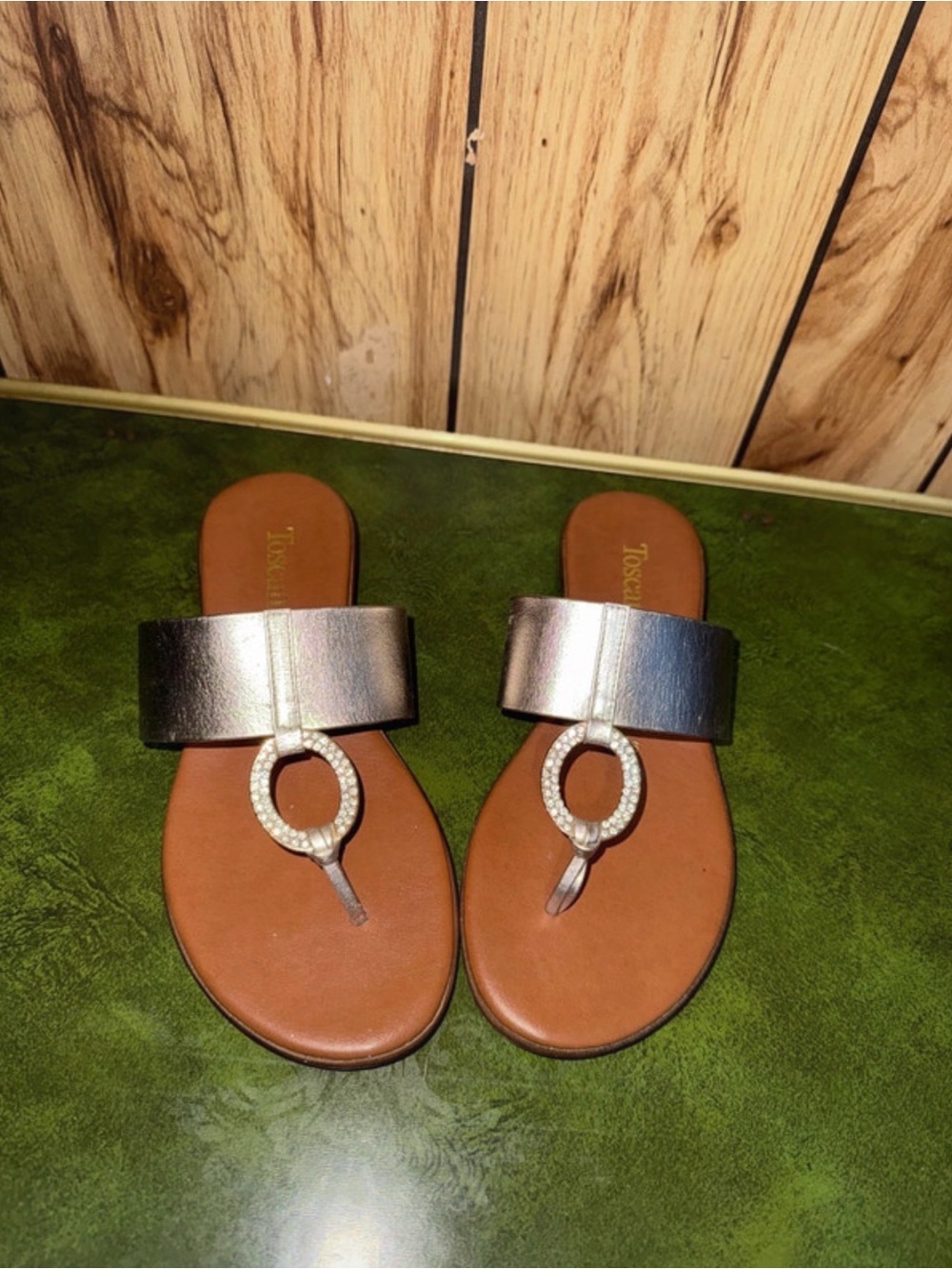 Women's Metallic Silver Toe-Ring Slide Sandals with Rhinestone Accent